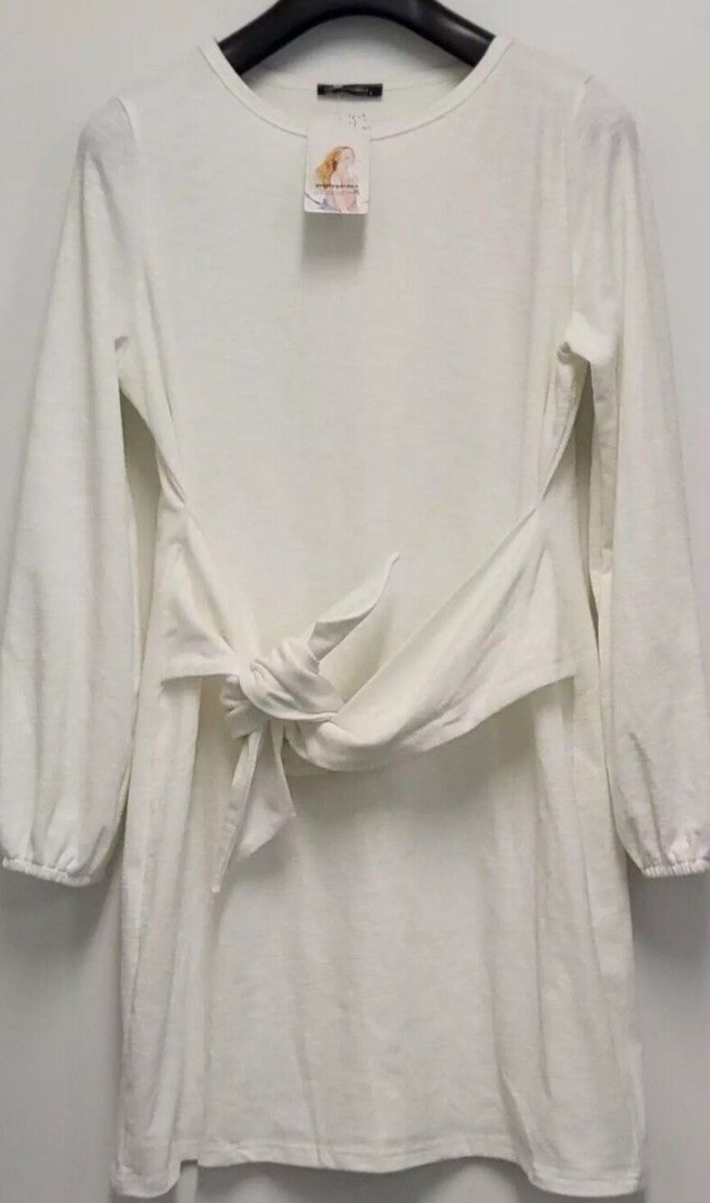 PRETTY GARDEN DRESS Cottage Core Womens White Long Sleeve Tie Waist Size S NWT